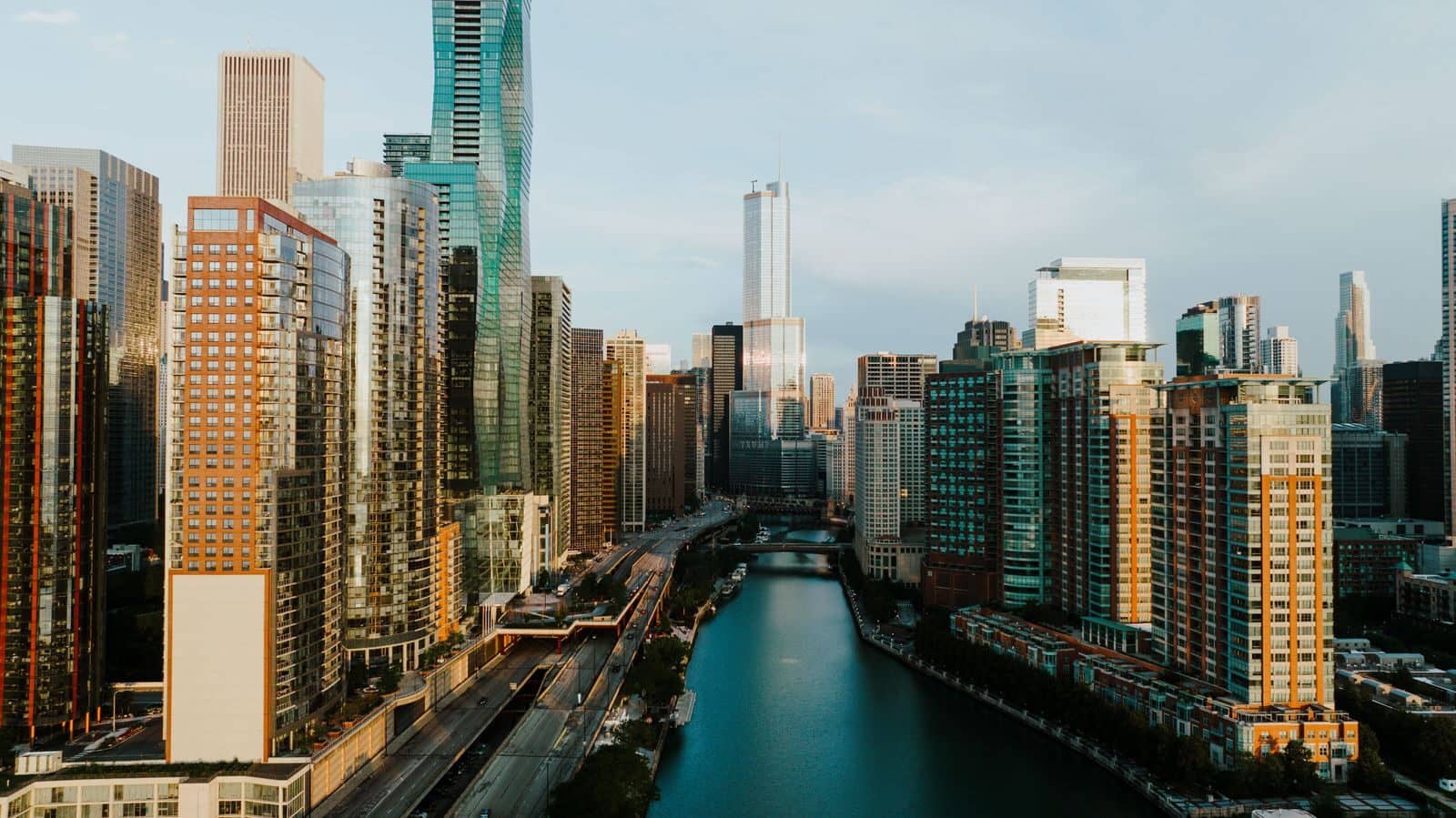 The Chicago River and towers at golden hour